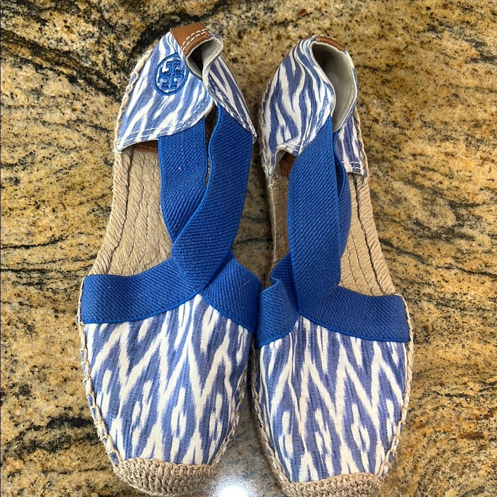 Tory Burch Blue and White Patterned Espadrilles
